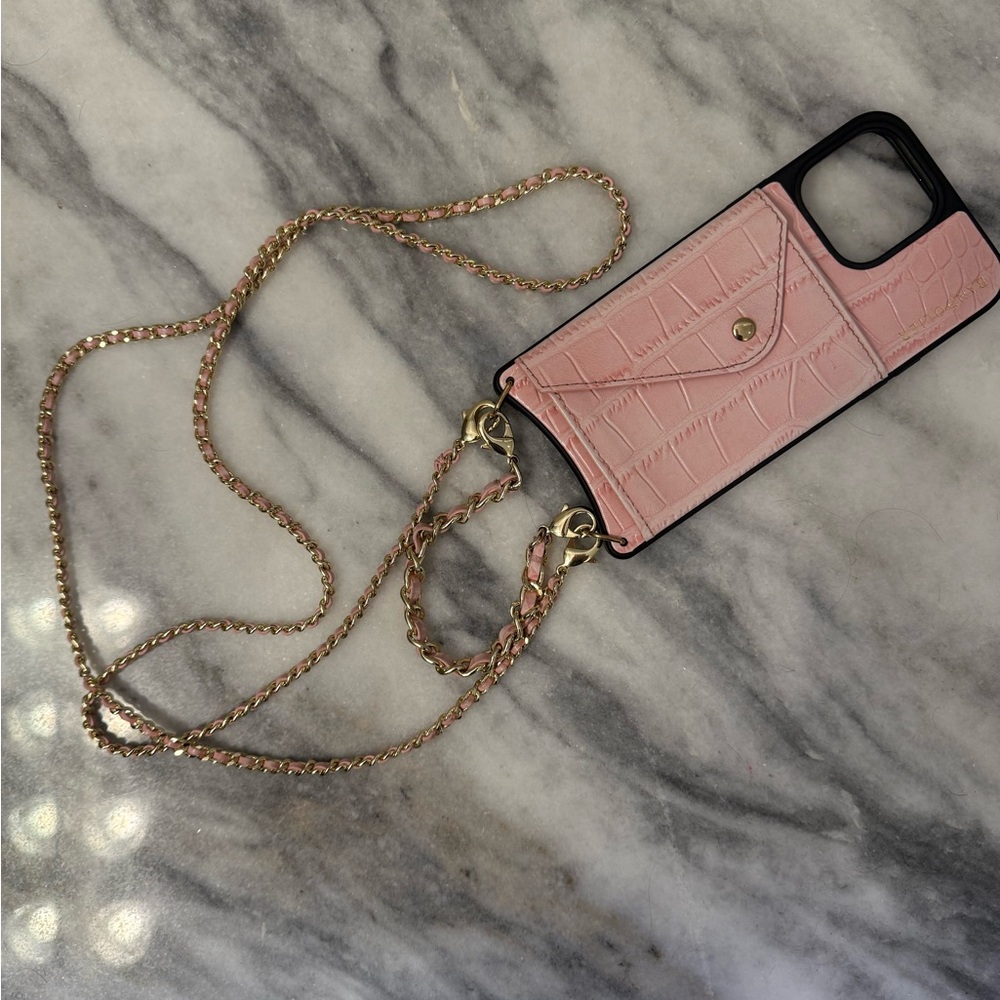 Bandolier Lily Duet Pink Croc/Gold Crossbody Phone Case withChain iPhone14ProMax